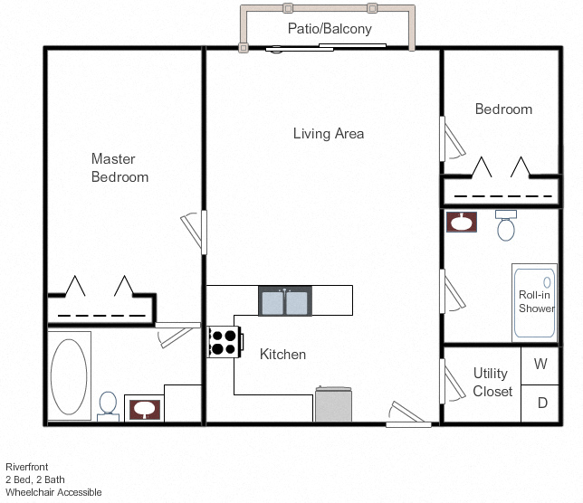 Floor plan for 2 beds, 2 baths, 990 sqft